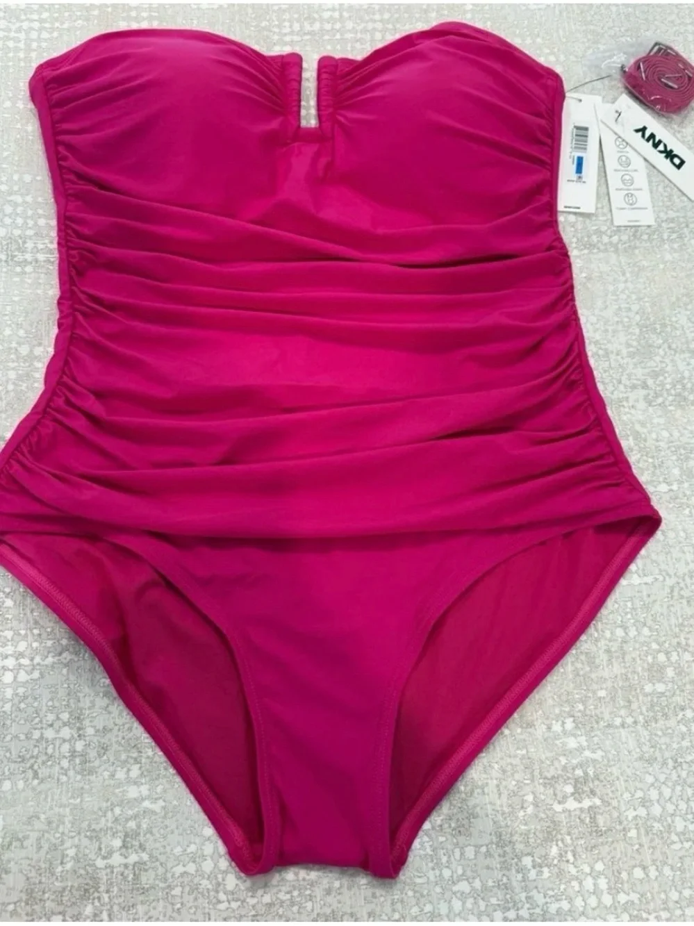 DKNY Strapless Ruched One-Piece Swimsuit in Fuchsia - Picture 3 of 7
